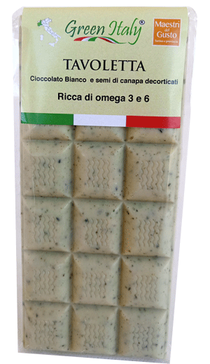 Tavoletta di cioccolato bianco con 20% di semi decorticati canapa
