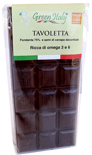 Tavoletta di cioccolato fondente 75% con 20% di semi decorticati canapa