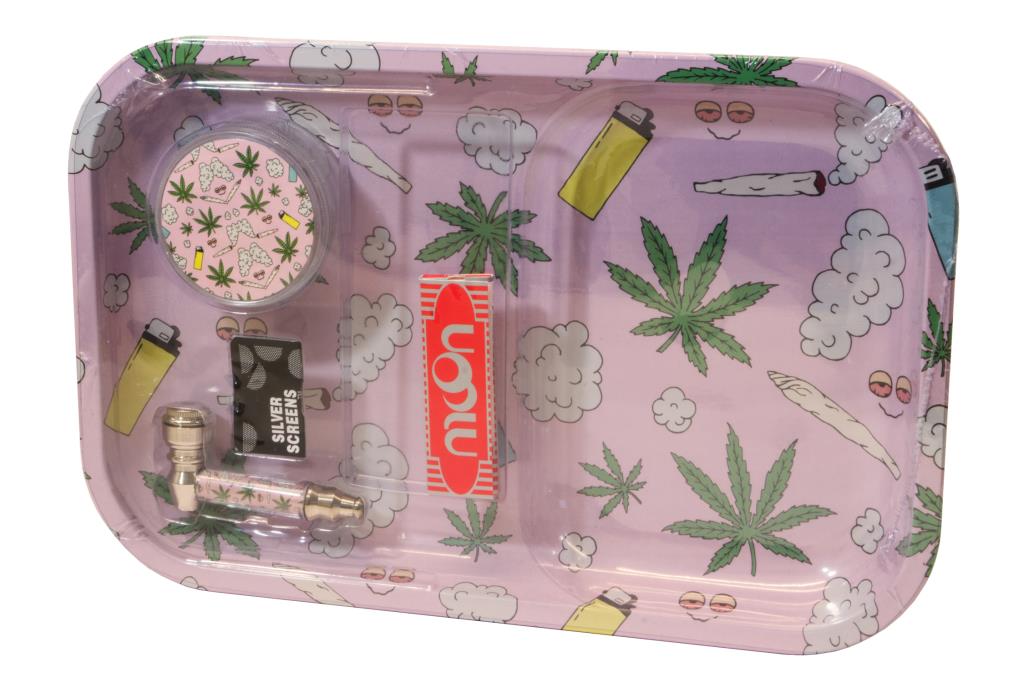 KIT Vassoio in metallo + Grinder + Pipa in metallo + Retine PINK LEAF