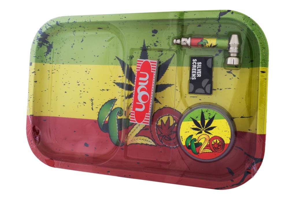 KIT Vassoio in metallo + Grinder + Pipa in metallo + Retine 4:20 RASTA