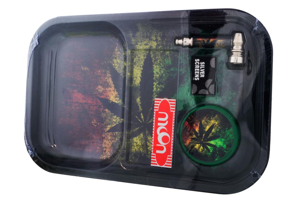 KIT Vassoio in metallo + Grinder + Pipa in metallo + Retine RASTA LEAF